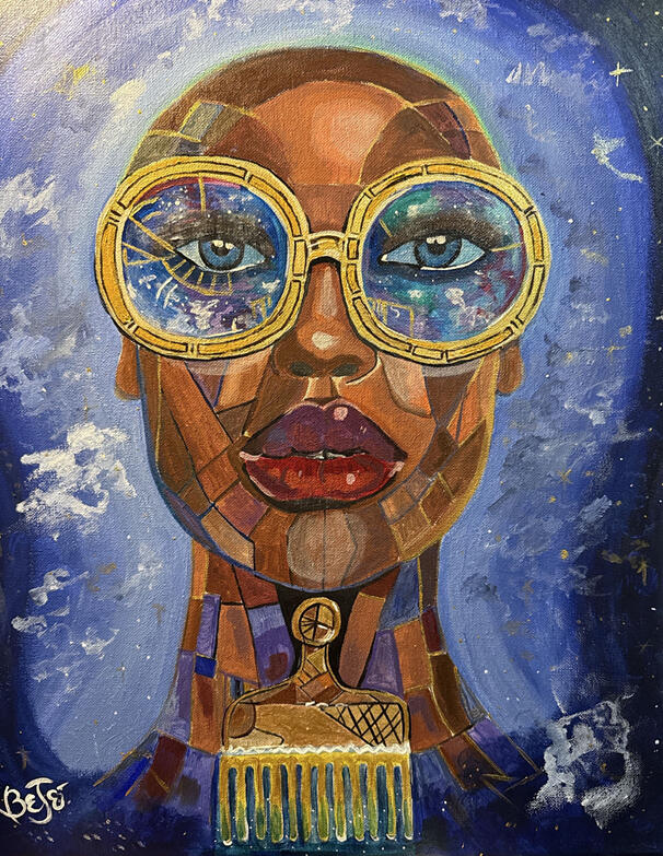 Afro-Funk: SEE (Acrylic on canvas; $850) SEE represents heightened awareness and outward perception; bold, present and electric, She embodies the power of being witnessed.