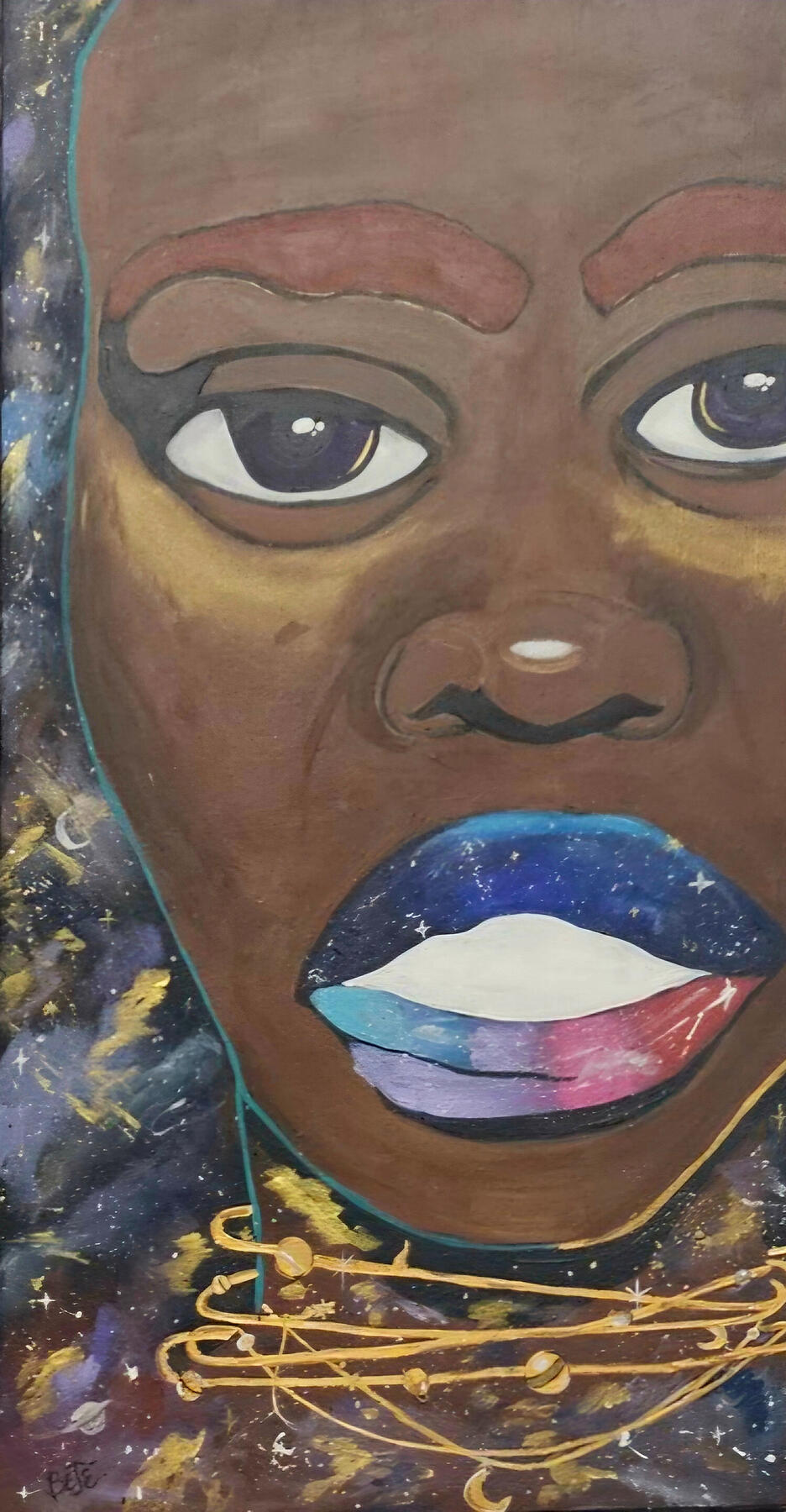 Themis (Acrylic on Canvas; $1,000) Themis reimagines justice through spiritual perception. Her lavender eyes symbolize intuitive authority and balance emerging from shadow.