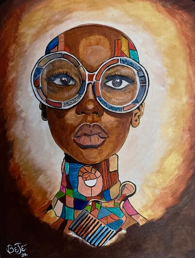 Afro-Funk: BE (Acrylic on canvas; $850) BE reflects grounded selfhood; quieter, intentional, and deeply rooted. She embodies existence without performance.